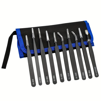 Tweezers Set, 10Pcs Precision Anti-Static Tweezers with Storage Pouch, Stainless Steel Tweezers for Electronics, Jewelry, Craft