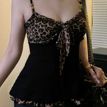 American Hotsweet Y2k Leopard Camisole Women Retro Streetwear E-girl 90s Dark Gothic Sexy Patchwork Lace-up Crop Tank Top Femme