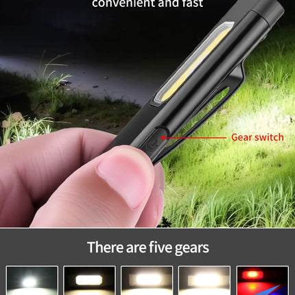 New Portable Aluminum alloy COB LED Flashlight with Magnetic Tail, USB Charging and Clip for Outdoor Work Light Hiking and campi