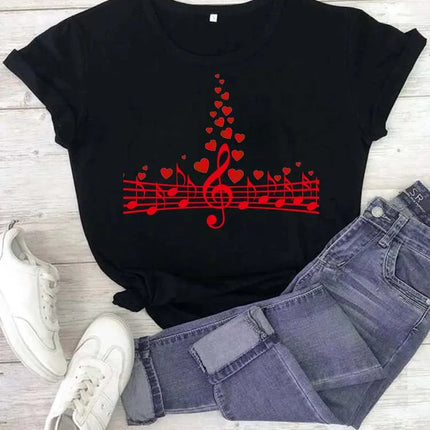 Fashion Women T Shirt Musical Note Printed T Shirt Casual Black Tops 90s Ladies Girls Tee Shirt Female Harajuku Graphic T-shirt