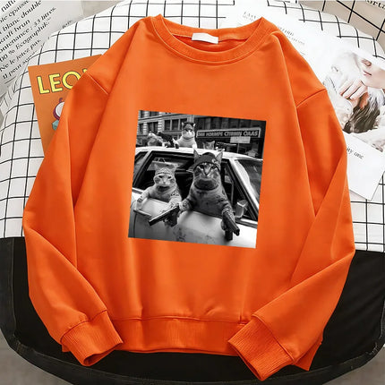 Streetwear Cat Crew Neck Hoodies Warm Fleece Sweatshirt Vintage Crew Neck Pullover Casual Female Clothes