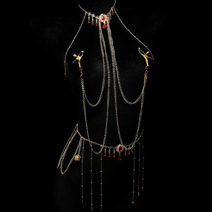 Red Gem Nipple Clamps Body Chain Integrated Sensual Body Restraint Sexy Accessories Breast Clips Bell Pendants Adult Sex Toy 18+