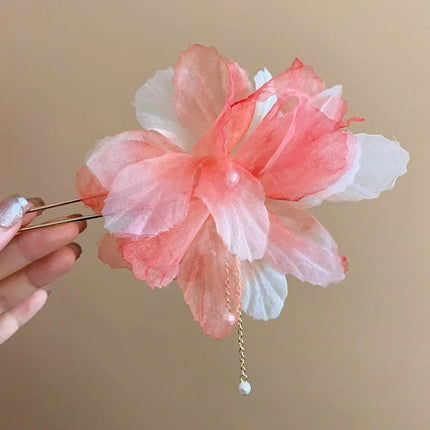 New Chinese Style Gentle Gradient Fabric Flower Hair Sticks for Women Sweet Chains Tassel Imitation Pearl Hairpin Fairy Headwear