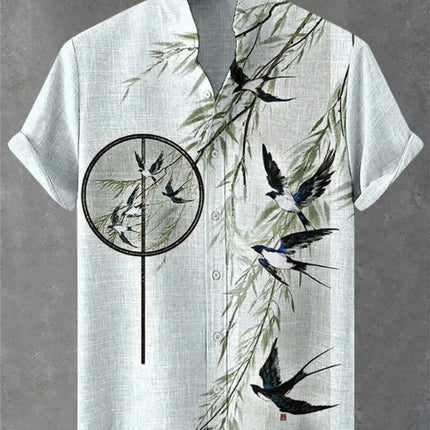 Men's Frog Abstract Print Short Sleeve Linen Shirt Stand up Collar Casual Breathable Top Fashionable Summer Cardigan