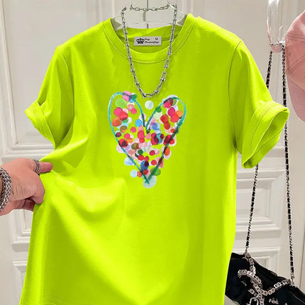 Summer Fashion Hand-Painted Polka Dot Printing T-shirts Women Pure Cotton O-neck Short Sleeve Top Tees Casual Loose Pullover