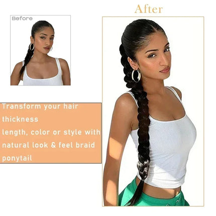 24inch Braided Ponytail for Women Long Straight Braids Ponytail with Rubber Band Synthetic Wrap Around Braid Horse Tail Extensio