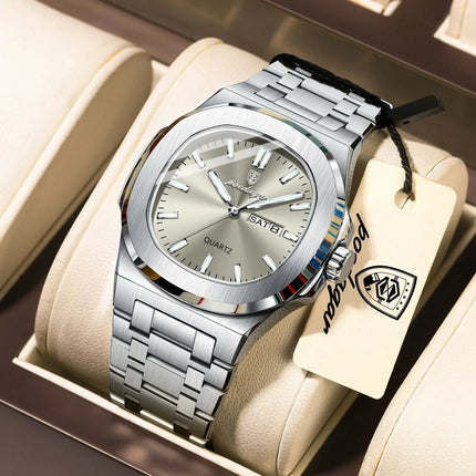 POEDAGAR Exquisite Fashion Men's Watches Waterproof Luminous Date Week Men Watch Stainless Steel Quartz Casual Classic Man Watch