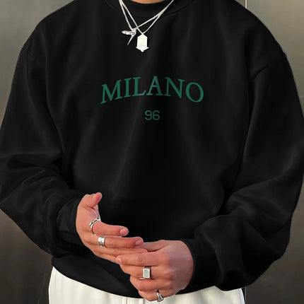Men's autumn and winter fashionable casual loose MILANO 96 print fleece pullover long sleeved round neck sweatshirt