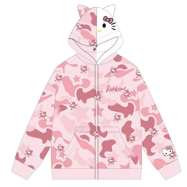 Anime Sanrioed Hello Kittys Zipper Hooded Sweater Girls Cartoon Y2K Couple Cardigan Anime Camouflage Jacket Coat Christmas Gift