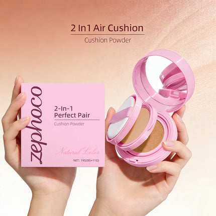 2 in 1 Air Cushion Powder Concealer Foundation Light Natural Long Lasting Oil-Control Waterproof Makeup Foundation Base Cosmetic