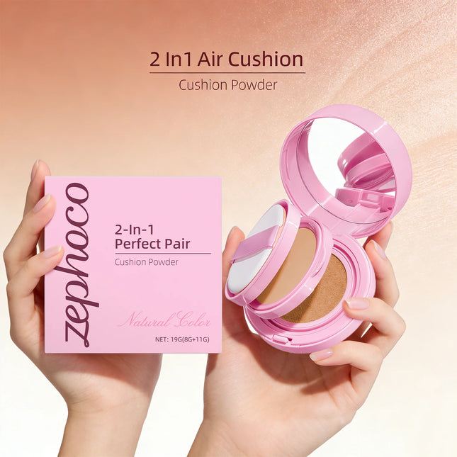 2 in 1 Air Cushion Powder Concealer Foundation Light Natural Long Lasting Oil-Control Waterproof Makeup Foundation Base Cosmetic