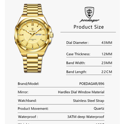 POEDAGAR Luxury Business Men's Watches Stainless Steel Waterproof Luminous Men's Watch Date Week Quartz Original Men's Wristwatches