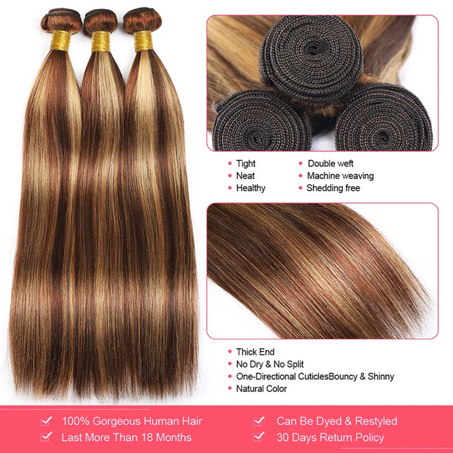 Highlight Human Hair Bundles 10A P4/27 Brazilian Raw Hair Weave Bundles Honey Blonde Straight Human Hair Bundles Hair Extensions