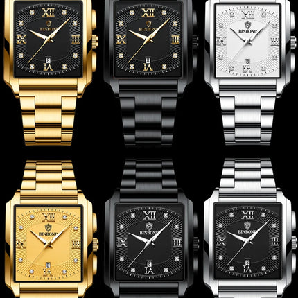 BINBOND Luxury Quartz Watch for Men Golden Square Large Dial 30M Waterproof Leather Strap Wrist Watches Date Display Men's Watch