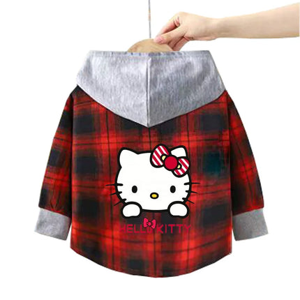 Spring and Autumn Children's Sanrio Cinnamoroll Shirts 1-12 Year Girls Checkered Hooded Blouse Fashion Cartoon Shirt Sweater