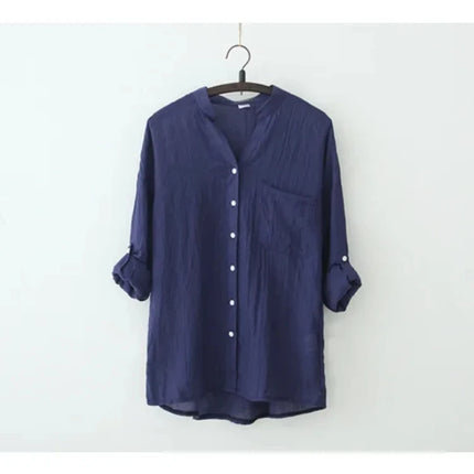 Plus-size Women Long-sleeved Shirt - linen Women's Top, Simple Solid Color Retro Shirt, 2025 Summer Korean-style Clothing