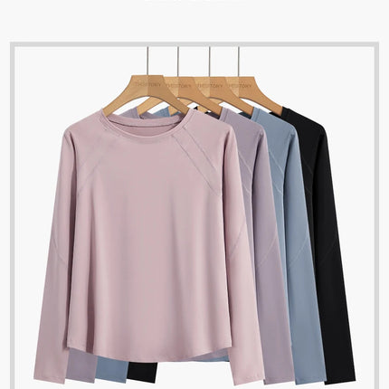 DRUR Women Long Sleeve Yoga Shirt Quick Dry Breathable Workout Top O-Neck Lightweight Pilates Running Tee Activewear Gym Clothes