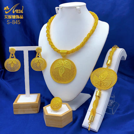 Luxury Ethiopian 24k Gold Color Twisted Necklace And Earrings Jewelry Sets For Women Dubai Indian Bridal Set Wedding