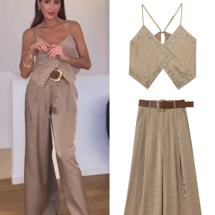 HH Women's Summer Sexy Sling Tops Light Brown V-Neck Sleeveless Embroidery Lace-Up Decoration Fashion Short Tops
