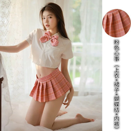 Sexy Pleated Skirt Lingerie Set Women's Passionate JK Uniform Cute Student Short Skirt Roleplay Costume Polyester Fabric