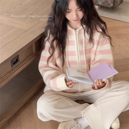 New Thin Cream Stripe Zipper Hooded Coat Spring And Autumn Dressing Up Collection Casual Fashion Trends Versatile Lazy Wind