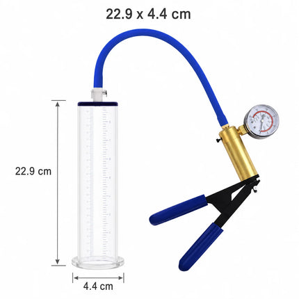 Sex Toys Vacuum Pump Trainer with Clear Acrylic Measuring Cylinder Blue Hose Metal Pressure Gauge and Manual Air Control Handle