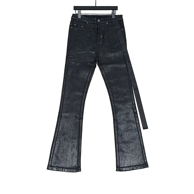 Owen Seak Men‘s Oil wax Jeans Classic Denim Gothic Coated Casual Flared Trousers High Street Solid Designer luxury Pants