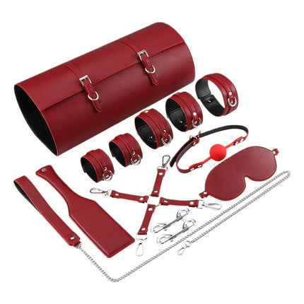 XXOO Erotic Tied Bondage Kits Sex Slave Restraint Set Ankle Cuffs Handcuff Collar Gag Whip Blindfold Genuine Leather Suit