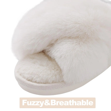 Evshine Women Fuzzy Slippers Fashion Cross Band Memory Foam House Slippers Indoor Outdoor Open Toe Plush Slides Casual Flat Shoe