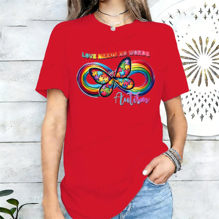 Love Needs No Words Autism Awareness T-Shirts, Infinity Butterfly Rainbow Graphic Tee, Support Neurodiversity, April Autism Gift