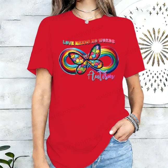 Love Needs No Words Autism Awareness T-Shirts, Infinity Butterfly Rainbow Graphic Tee, Support Neurodiversity, April Autism Gift