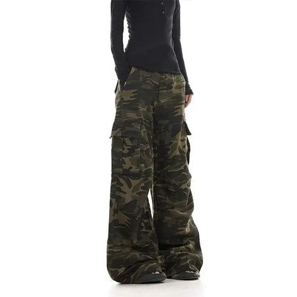 American retro washed design camouflage work pants for men and women, loose straight leg multi pocket wide leg casual paratroope