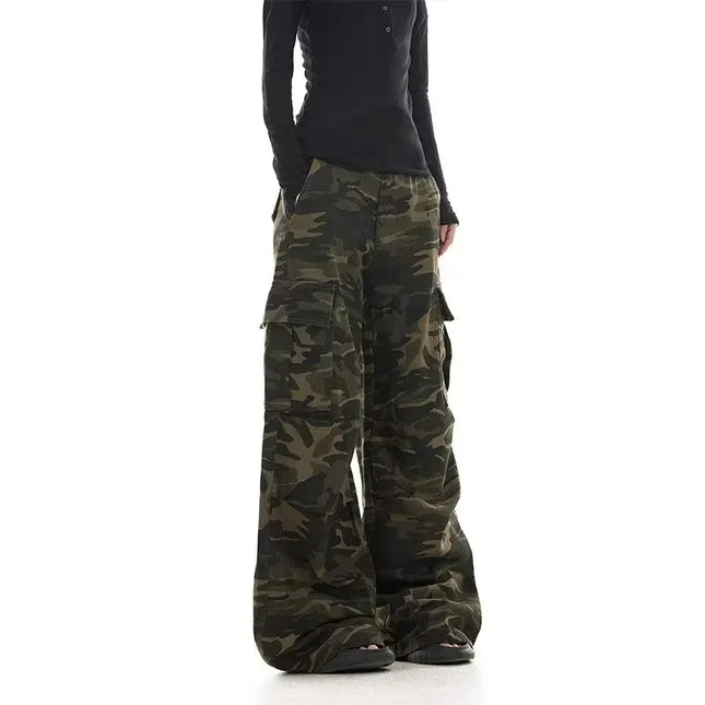 American retro washed design camouflage work pants for men and women, loose straight leg multi pocket wide leg casual paratroope