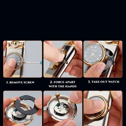 New Quartz Watch Windproof Lighter Metal Blue Light Rocker Arm Butane Jet Flame Torch Lighter Smoking Men's Gift Ignition Tools