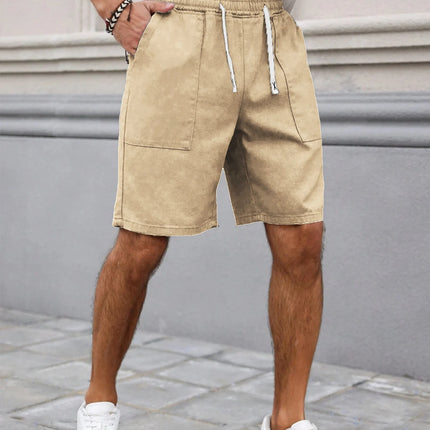 Summer Men's Retro American Style Shorts with Drawstring Casual Pants Included Solid Color Trendy Mid-Length Men's Shorts