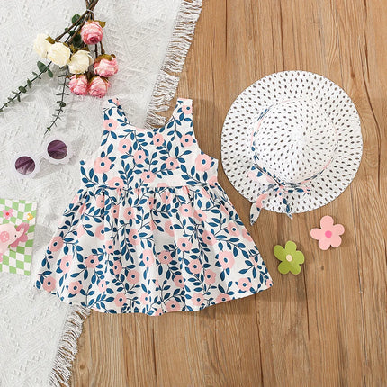 2 Pcs Girls' Summer New Dress Round Neck Cute Back Big Bow Cotton Skirt Comes with Hat for Children's Clothing