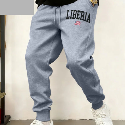 Liberia Flag Letter Printed Sweatpants Mens Basics Fleece Warm Jogger Pants Casual Pocket Trousers Winter Loose Male Clothes