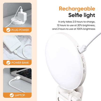 Selfie Light, Clip on Light [Rechargeable], 360°+90° Adjustable 12 Level Brightness Fashionable Portable Phone Selfie Light