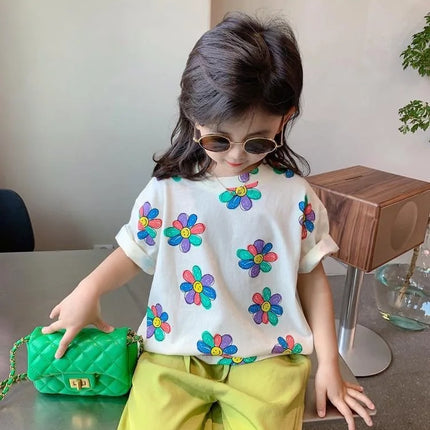 1pcs Summer Kids Flower Print Tops Clothes Girls Korean Style Shirt Children Short Sleeve T-shirts Child Casual Comfort T Shirs