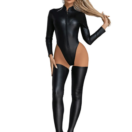 Sexy Hot Lady Wetlook Faux Leather Catsuit With Stocking PVC Latex Bodysuit Open Crotch Clubwear Fetish Erotic Lingerie Set