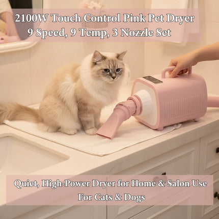 Professional Pet Hair Dryer 2100W Dog Grooming Blow Dryer with Touch Screen, 9 Speed & 9 Temperature Settings (77-140°F), 3 Nozzles & 6.56ft Hose, Overheat Protection, Pink