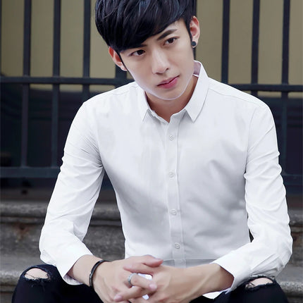 Slim Fit Long Sleeve Silk Men's Shirt Hong Kong Style Workwear Iron-Free Professional Shirt Youth Fashion Spring