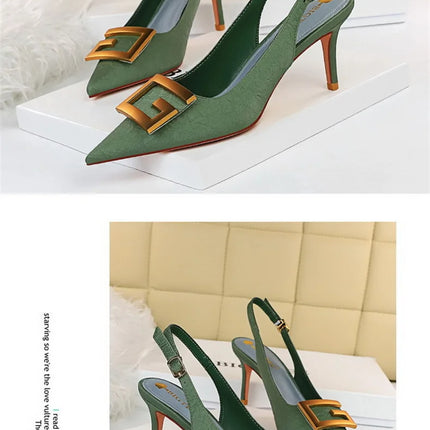 2024 Autumn Women Soft Leather Slingback Shoes Thin High Heels Office Dress Fashion Hollow Pointy Toe Gentle Sandals 8999-5