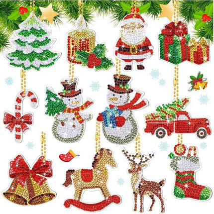 12Pieces Double Sided Christmas Diamond Art Ornaments Diamond Painting Keychains DIY 5d Painting Round Drill Key Chain Christmas