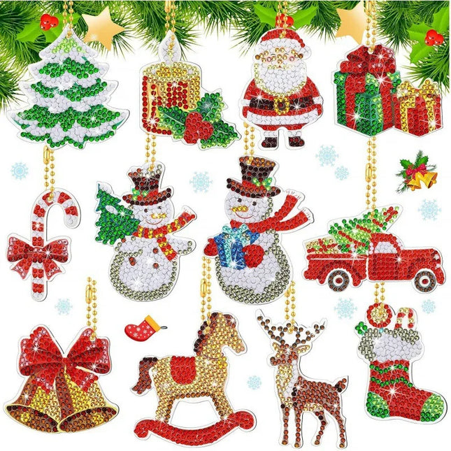 12Pieces Double Sided Christmas Diamond Art Ornaments Diamond Painting Keychains DIY 5d Painting Round Drill Key Chain Christmas