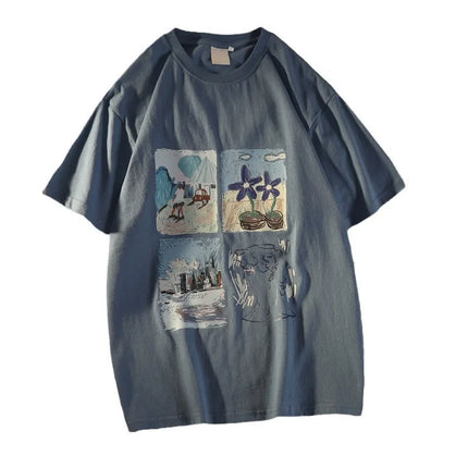 Vintage Short Sleeve T-Shirt Women Loose Korean Style Street Fashion Half Sleeve Top Fresh Sweet Style Polyester Fiber