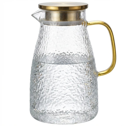 Premium Hammered Glass Pitcher–Dual-Function Lid,Ergonomic Handle, Smooth Pouring Spout–Heat Resistant Water Carafe for Home