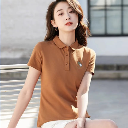 Korean version pure cotton lapel short sleeved women's T-shirt summer new high-end polo shirt embroidered casual plus size top