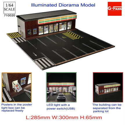 1:64 Scale Miniatures Building Scene Car Parking Lot Model Lighting Version Car Garage Diorama Models Simulation Collection Gift