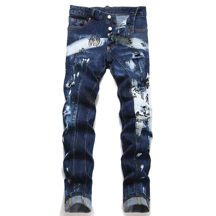 Men Letters Printed Denim Jeans Holes Ripped Patchwork Spliced Pants Button Fly Slim Tapered Stretch Trousers